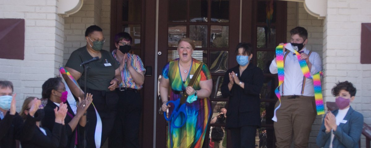 Trinity Haven Executive Director Jenni White expresses joy after the ribbon-cutting ceremony to open the first transitional housing program for LGBTQ+ young people in Indiana.