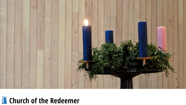 An advent wreath with the first candle lit at Church of the Redeemer